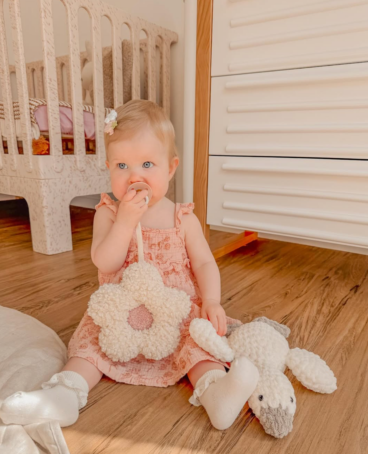 Strawberry sherpa daisy pacifier holder